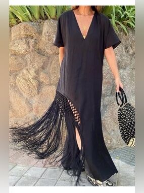 Zara Fringed Linen Tunic Dress